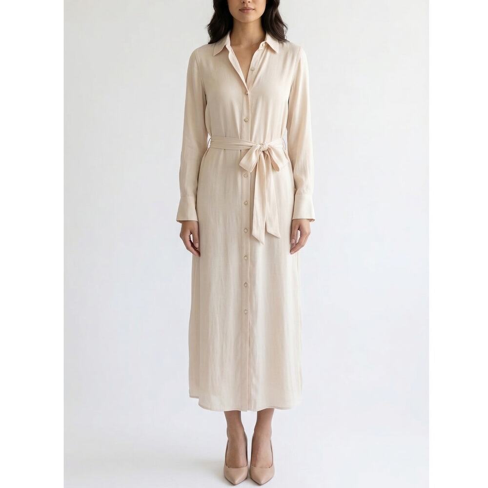 Banana Republic Satin Maxi Shirt Dress with Tie-Waist Womens S Cream Long Sleeve